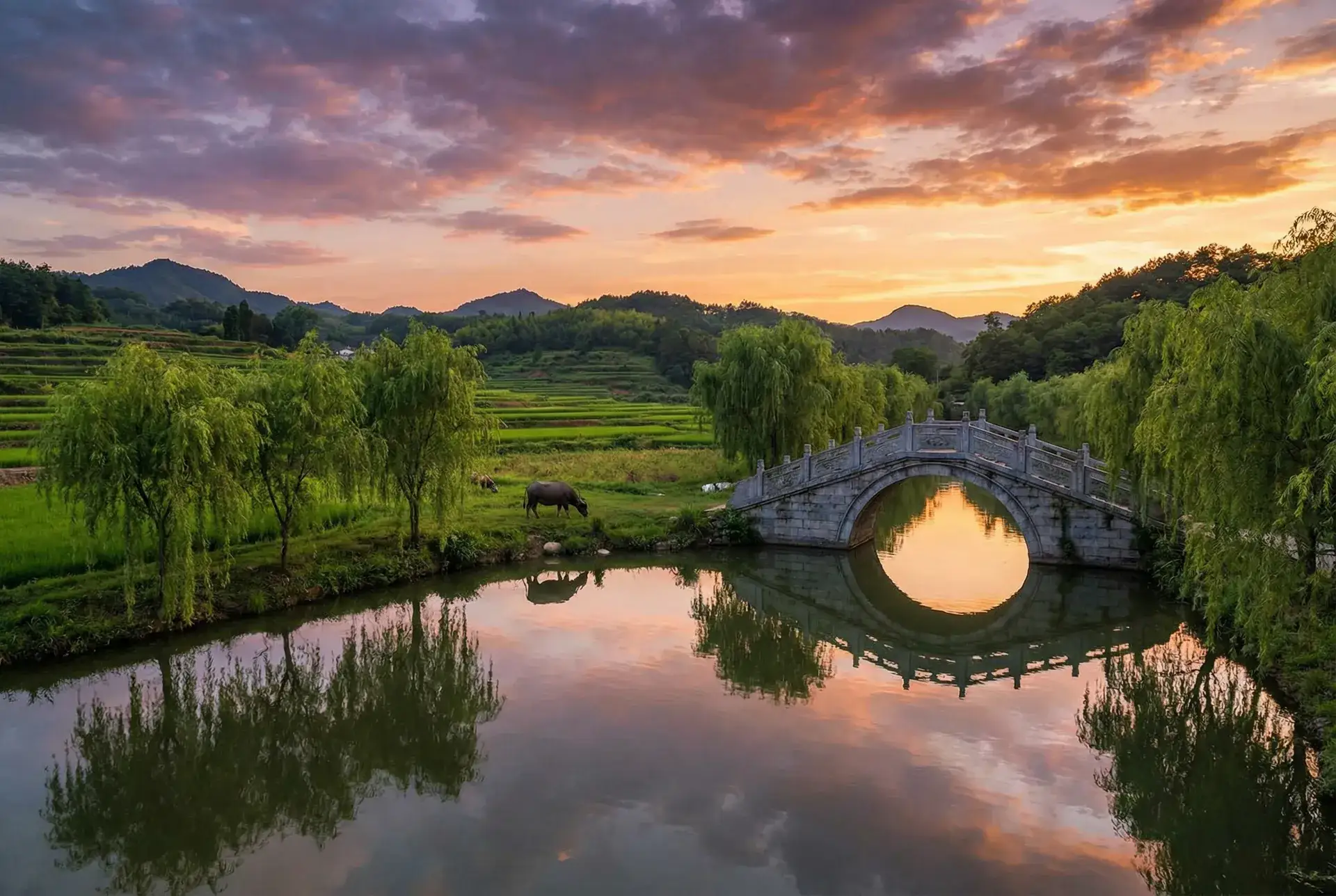 夕阳下的石拱桥与垂柳，水牛在河边吃草 - 野花日本韩国大全免费观看 乡村美景